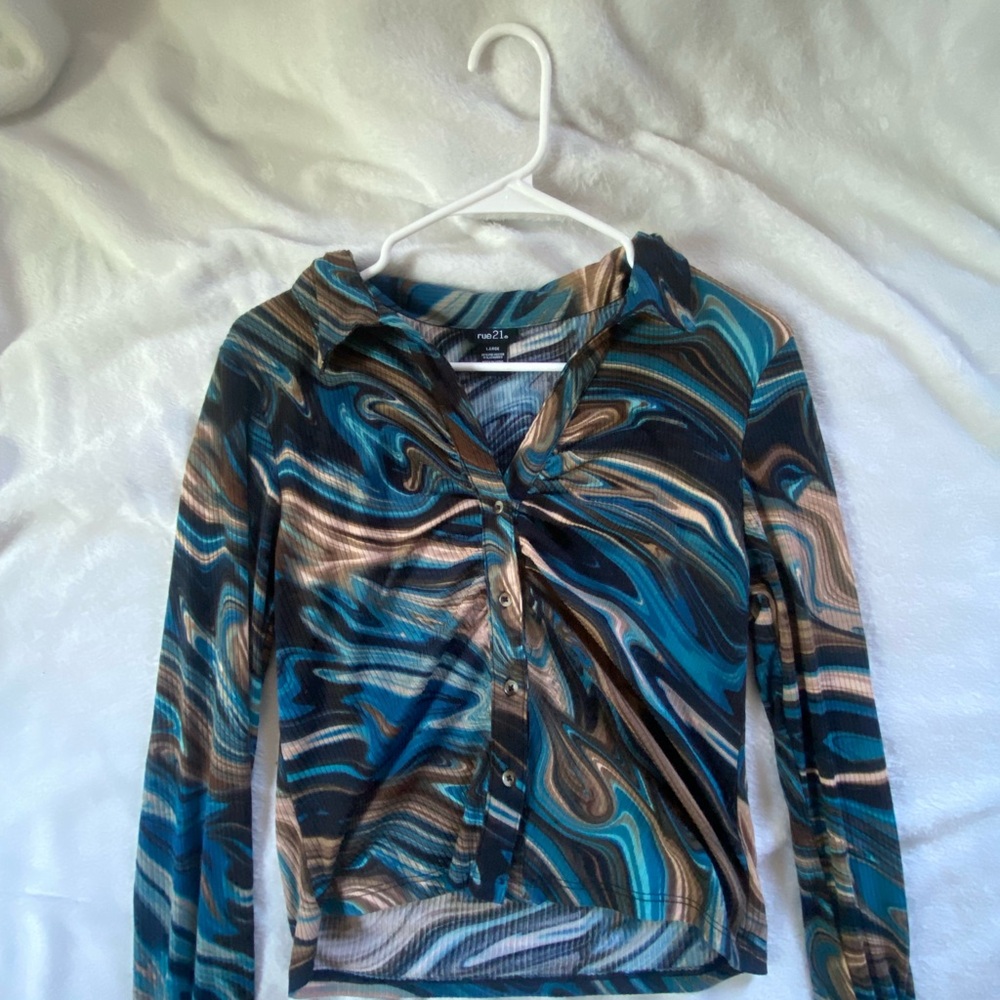 Rue21 Teal and Brown Swirl Top